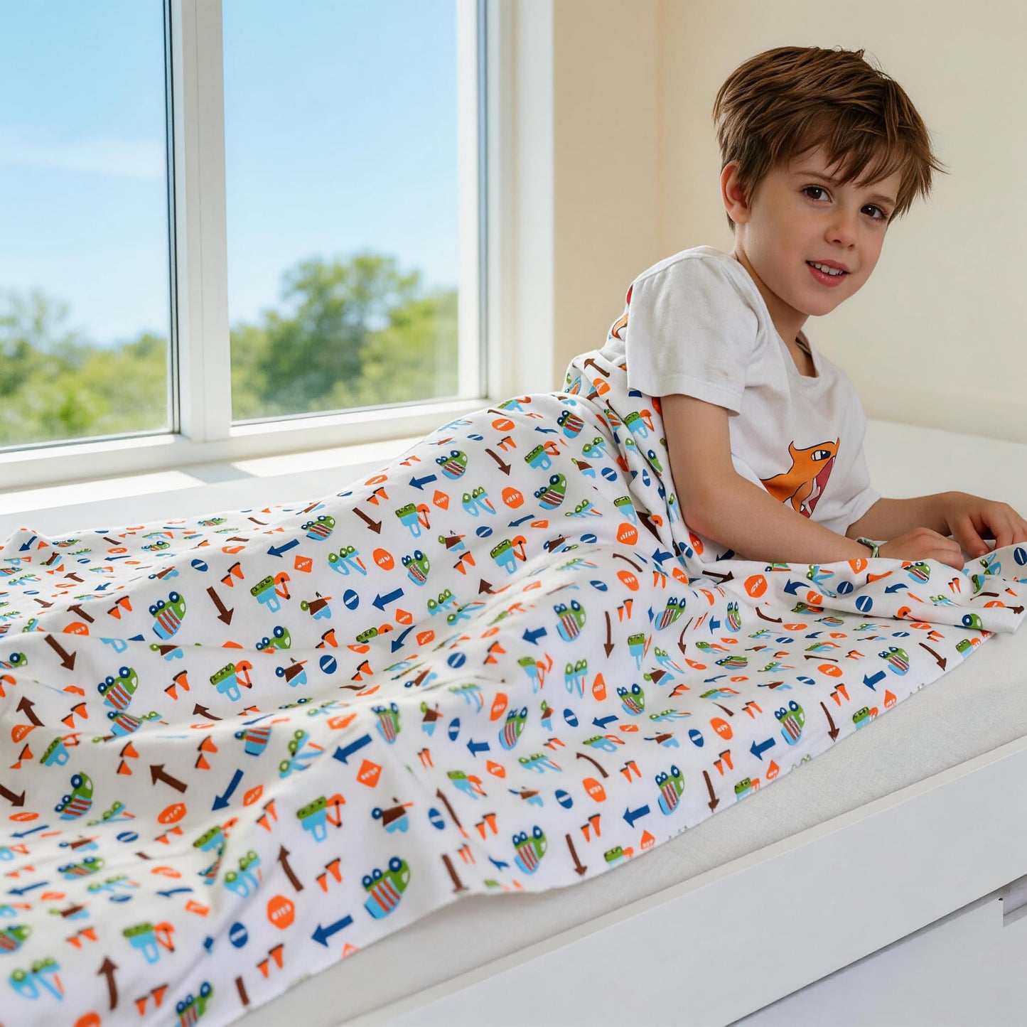 Kids Throw Blanket – Soft Cotton Toddler Blanket with Construction Vehicles Puzzle Pattern, Lightweight Breathable Bed Throw with Stitched Edges, 40 x 60 in (101.6 x 152.4 cm)