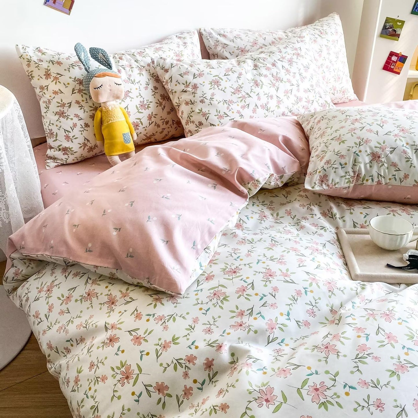 BuLuTu Pink Floral Duvet Cover Queen 100% Cotton Duvet Covers Set Full Size Women Teen Girls Apricot Blossom Pink Flowers Reversible Twin Comforter Cover Garden Style Bedding Set,Zipper,Easy Care