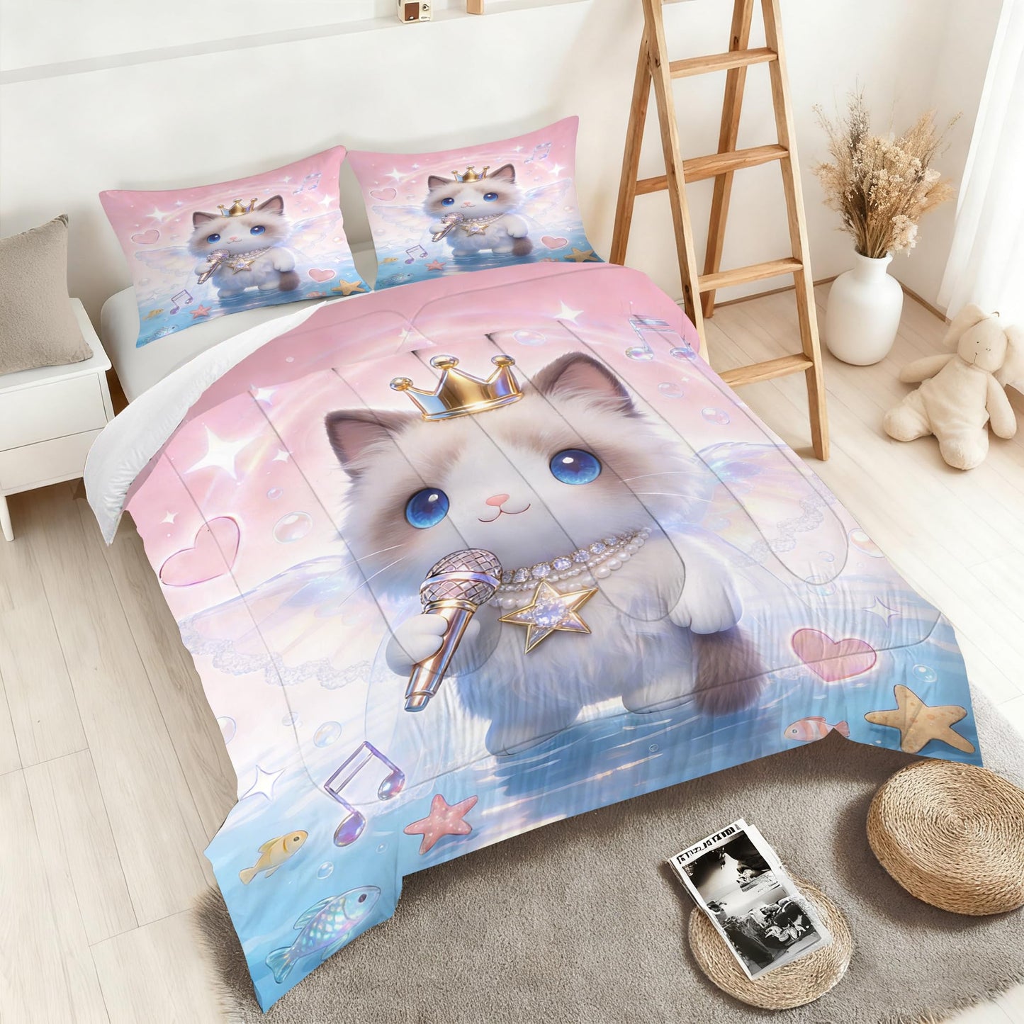 VTKON 3D Cat Bedding Set Twin Size for Girls Kids Teens Soft Kitten Pink Blue Comforter Set Cute Ragdoll Cat Print Pattern Bed Set Singing Angel Animal Quilt Set with 1 Comforter + 1 Pillow Case