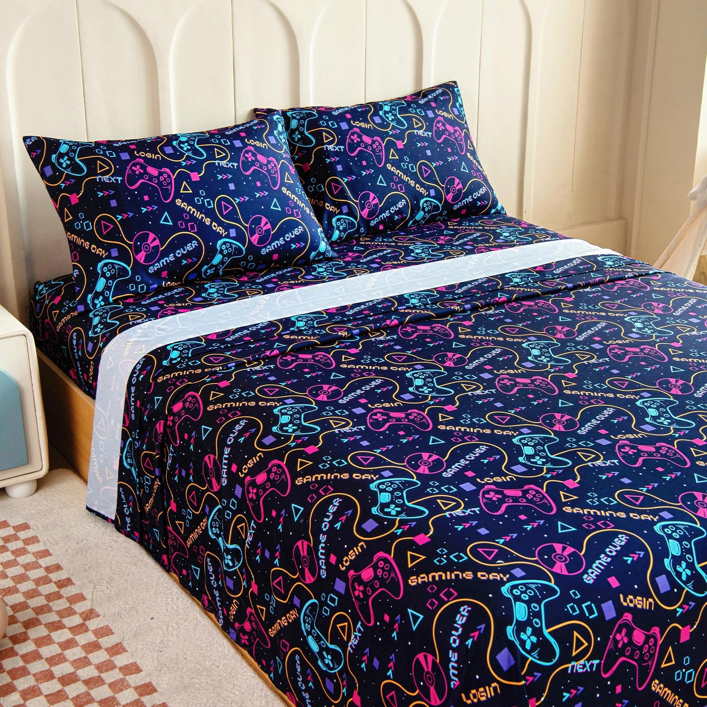 Homilay Full Sheet Set Kids - Gamepad 4 Pieces Soft Microfiber Cartoon Style Bedsheets for Boys Girls Teens, Oeko TEX Breathable 15 Inch Deep Pocket Sheets(Video Games)