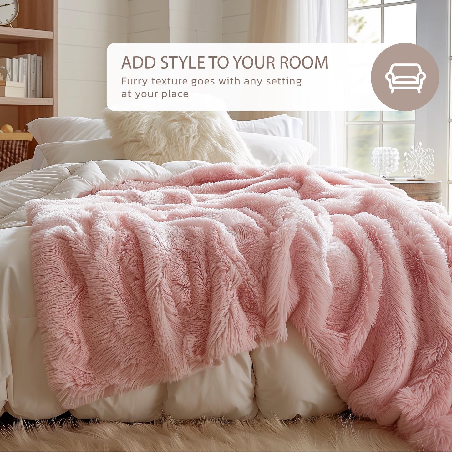 Hyde Lane Blush Pink Throw Blanket for Couch Sofa, Reversible Ultra Soft Faux Fur Fluffy Fuzzy Throw Blankets - 60x80 Rose Gold