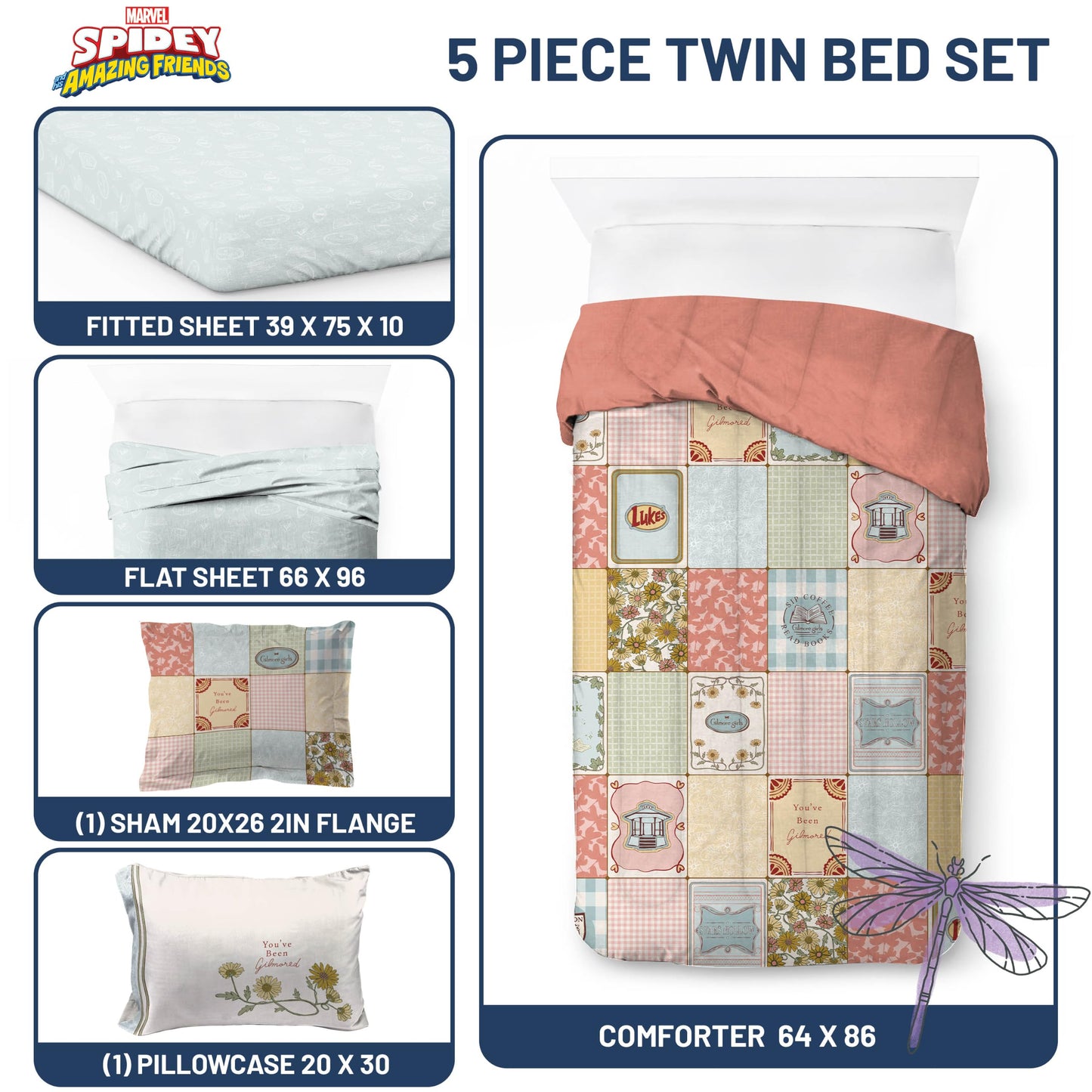 Jay Franco Comforter Set Includes Sheets and Pillow Covers - Soft and Cozy Bed Set for Stylish Room Decor, Official Licensed Bedding, Multi - Gilmore Girls, 5 Piece Twin