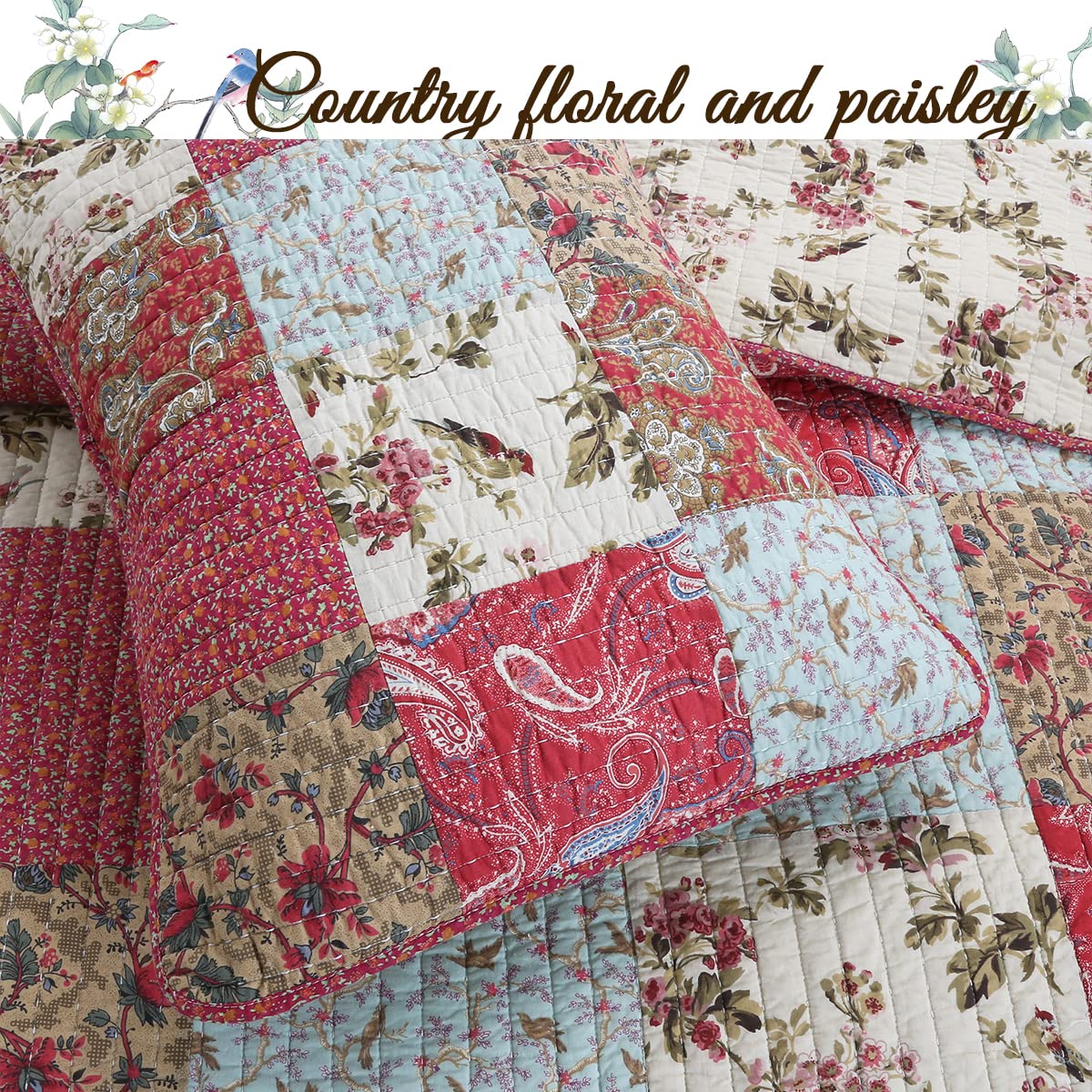 Cozy Line Home Fashions 100% Cotton Hand Piecing Real Patchwork Red Teal Khaki Floral Country Reversible Coverlet Bedspread Quilt Bedding Set for All Seasons (Red Aqua, King - 3 piece)