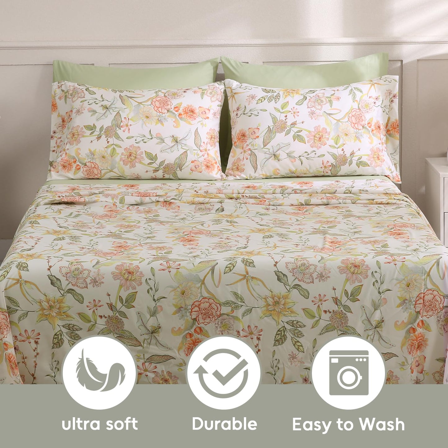 LONAVA Floral King Size 6 Pcs Sheet Set, Breathable Microfiber Deep Pocket Glass Green Fitted Sheets, Comfy & Breathable Patterned Flat Sheets,4 Gentle Soft Pillowcases, Fall Floral