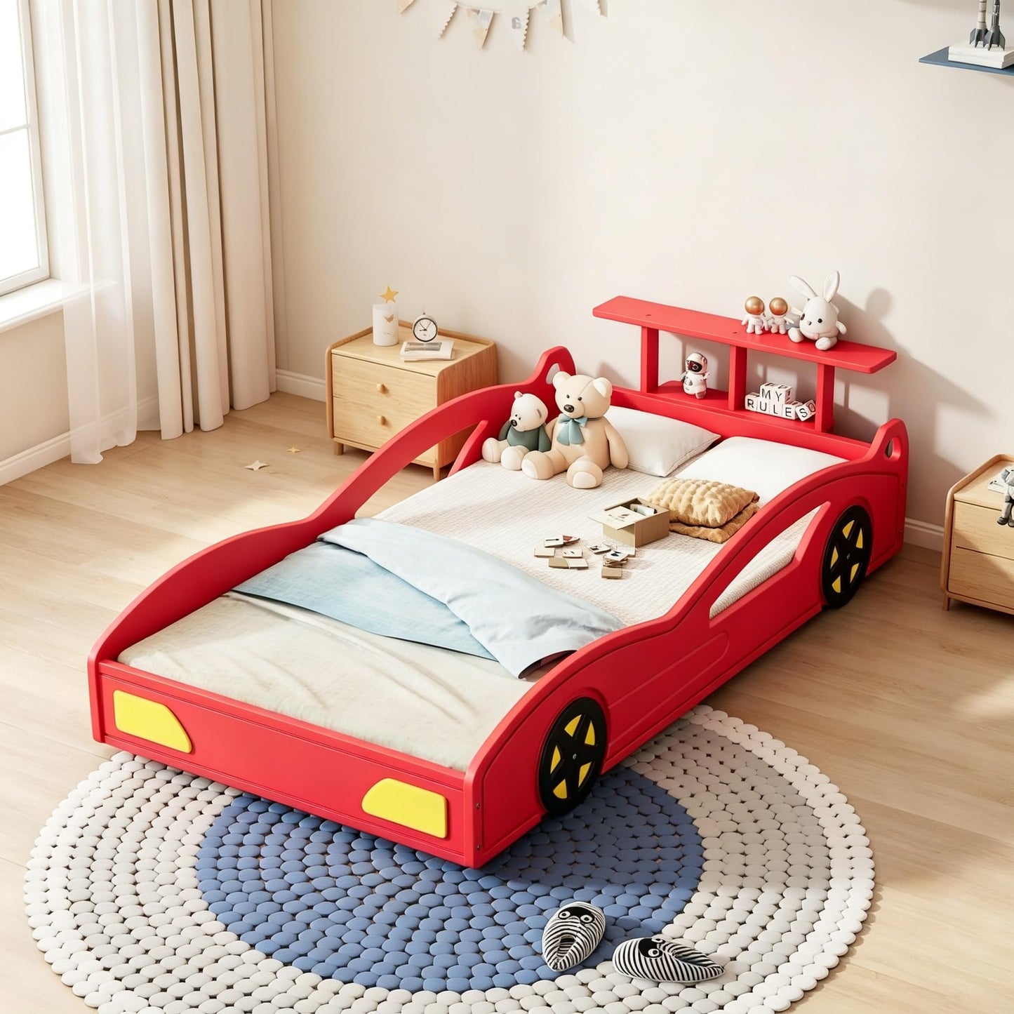 LUMISOL Twin Size Bed Frames for Kids, Race Car-Shaped Platform Bed Frame with Wheels & Guardrails for Boys Girls, No Box Spring Needed, Red+Yellow