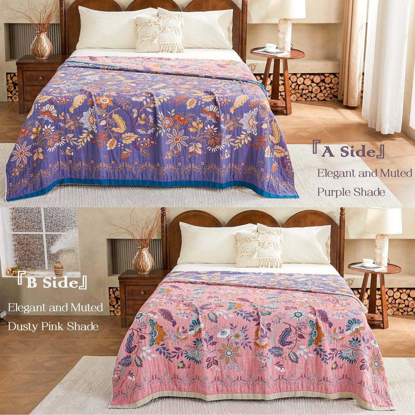 XIBLC Boho Blanket, 100% Cotton Farmhouse Decorative Throw Blanket, 60"x80" Reversible Bohemian Throw Blanket, Purple All Season Muslin Breathable Woven Blankets Quilt