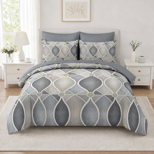 Boewywh Comforter Set Twin Size Geometric Abstract Modern 7 Pcs, Bedding for Kids and Adults, Grey Neutral Bed Sheet Sets with Fitted Sheet 2 Pillowcases & 2 Shams for Bedroom Bed Decor