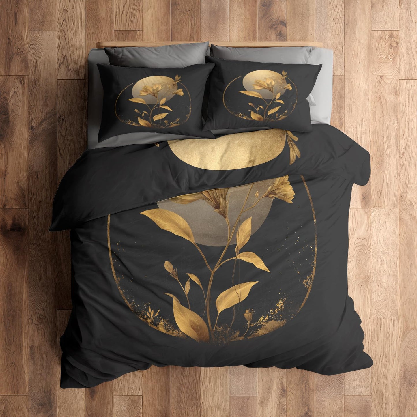 Golden Floral Moon Full Duvet Cover Set 3 Piece, Black Flower Reversible Bedding with 2 Pillow Shams, Zipper & Ties, Ultra Soft Microfiber, Floral Bedroom Decorations 69A-R