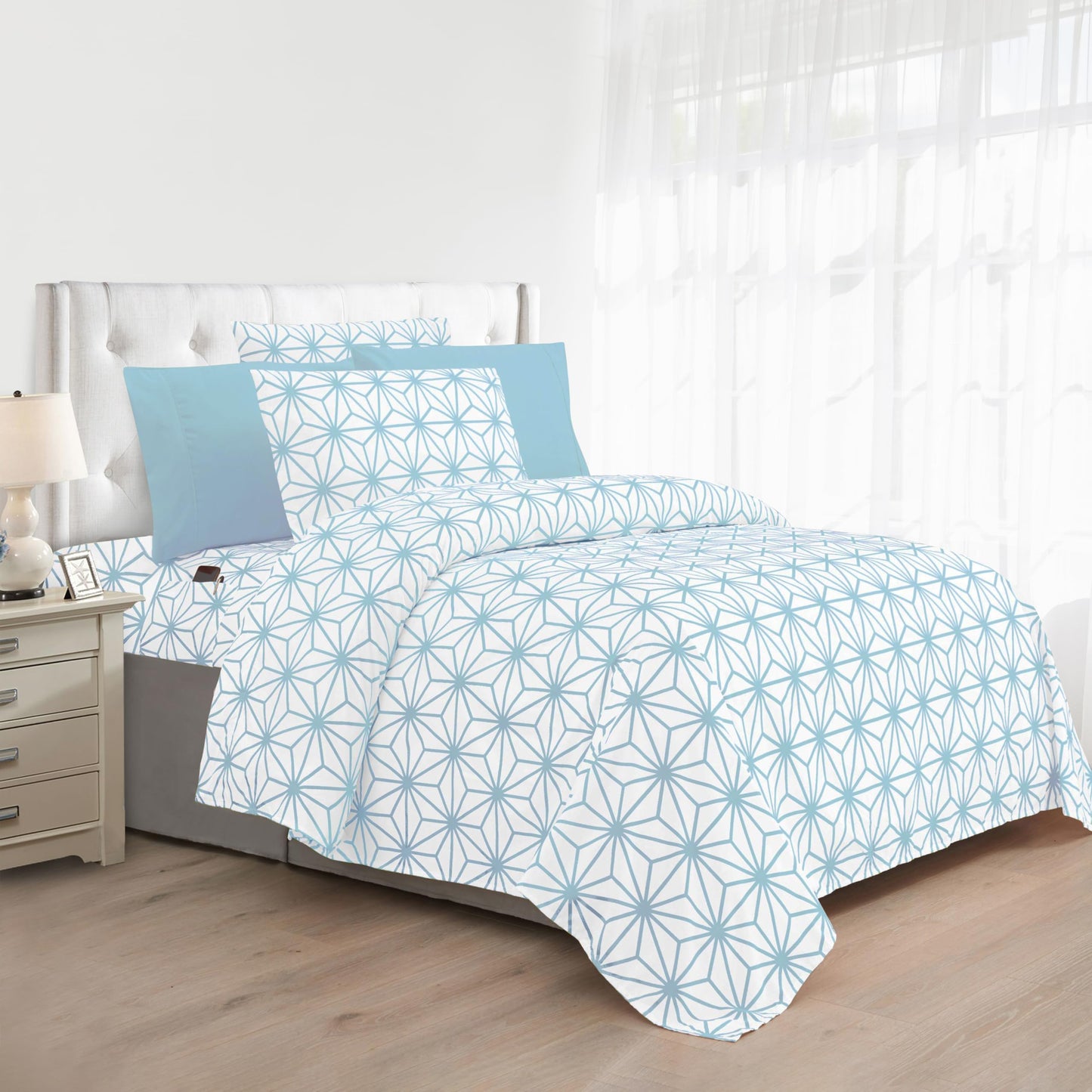 Elegant Comfort Luxury Soft 6-Piece Cube Geometric Pattern Sheet Set - 1500 Premium Quality Microfiber - Wrinkle and Fade Resistant Coziest Bedding Set, All Around Elastic Fitted Sheet, Full, Aqua