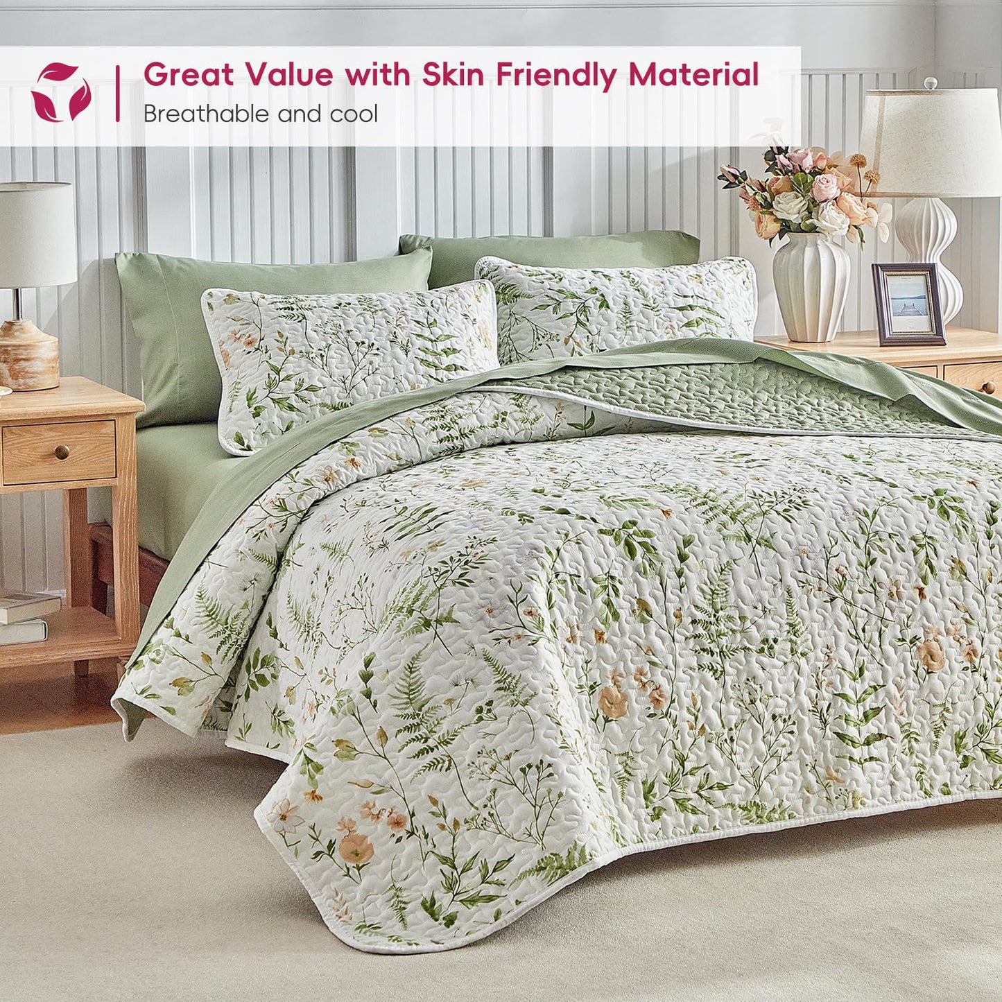Floral Quilt Set 3 Piece Flower Quilt Sets Queen Size - Reversible Microfiber Quilt with 2 Shams Soft Breathable Botanical Bedding Spring Bedspread Coverlet Summer Comforter All Season Orange Green