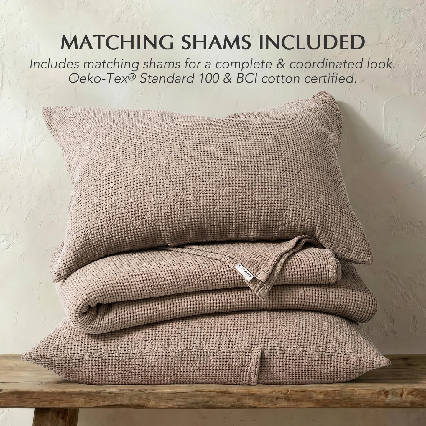 EverGrace 100% Cotton Waffle Bed Blanket King Size, Soft Premium Cotton Coverlet Set with 2 Matching Shams, Lightweight All Season Bedding Set, Oversized Bedspread 108x96, Truffle Taupe Brown