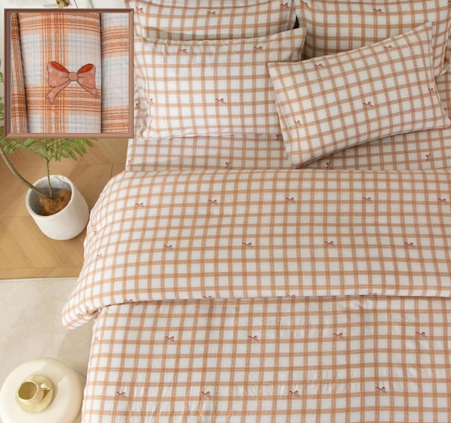 SDY Bowknot Checkered Twin Size Comforter Set, Luxury Soft Bed in a Bag Twin 5 Pieces, All Season Bedding Set with Comforters, Sheets, Pillowcase & Sham