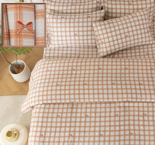 SDY Bowknot Checkered Twin Size Comforter Set, Luxury Soft Bed in a Bag Twin 5 Pieces, All Season Bedding Set with Comforters, Sheets, Pillowcase & Sham