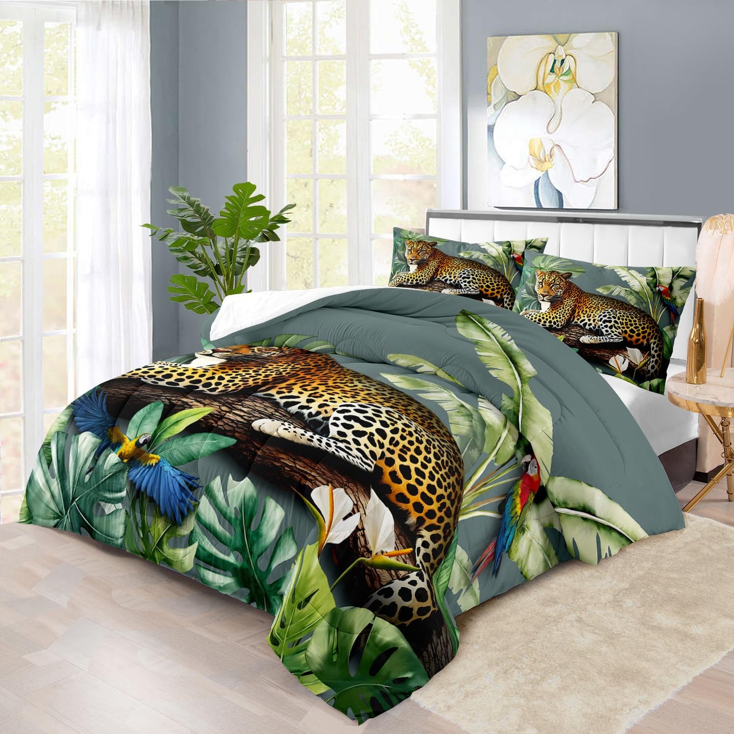 llyxsesty Animal Leopard Print Comforter Set King Animal Cheetah Print Comforter Set Boys Girls Floral Leopard Bedding Bedroom Decor Floral Cheetah Bedding King Jungle Plant Room Decor