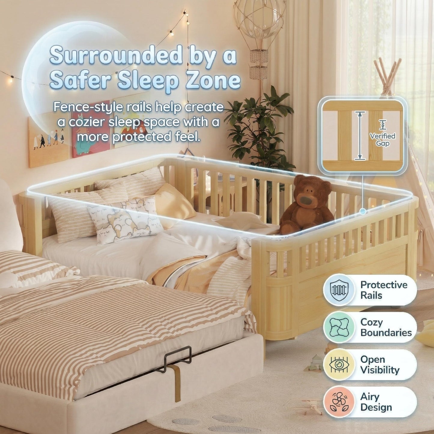 Duxelifin Queen Bed Frame for Kids with Rails, Low Profile Montessori Queen Bed with Detachable Side Rail, Solid Pine Wood Kids Daybed with Headboard, Footboard & Slat Support for Boys Girls, Natural