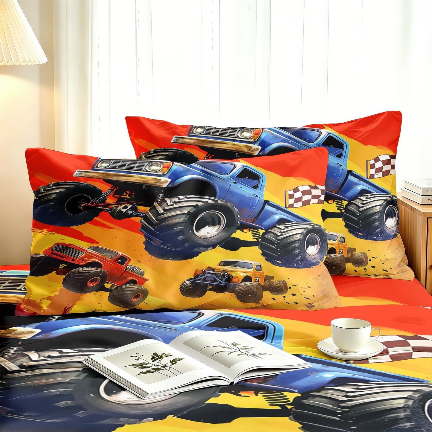 Monster Truck Bedding Set 4 Pcs Boys Queen Sheets, Blue