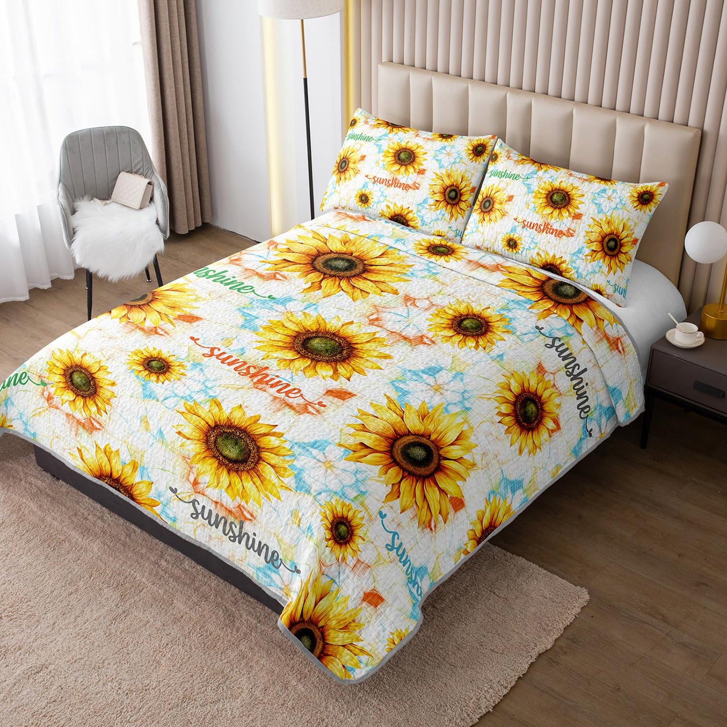 UEVBF Yellow Sunflower Quilt Set King Size 3 Pieces,Beautiful Floral Summer Bedding with 2 Pillowcases,Soft Lightweight Quilted Quilt Bedding Sets for Adults Women Men Bedroom Decor.