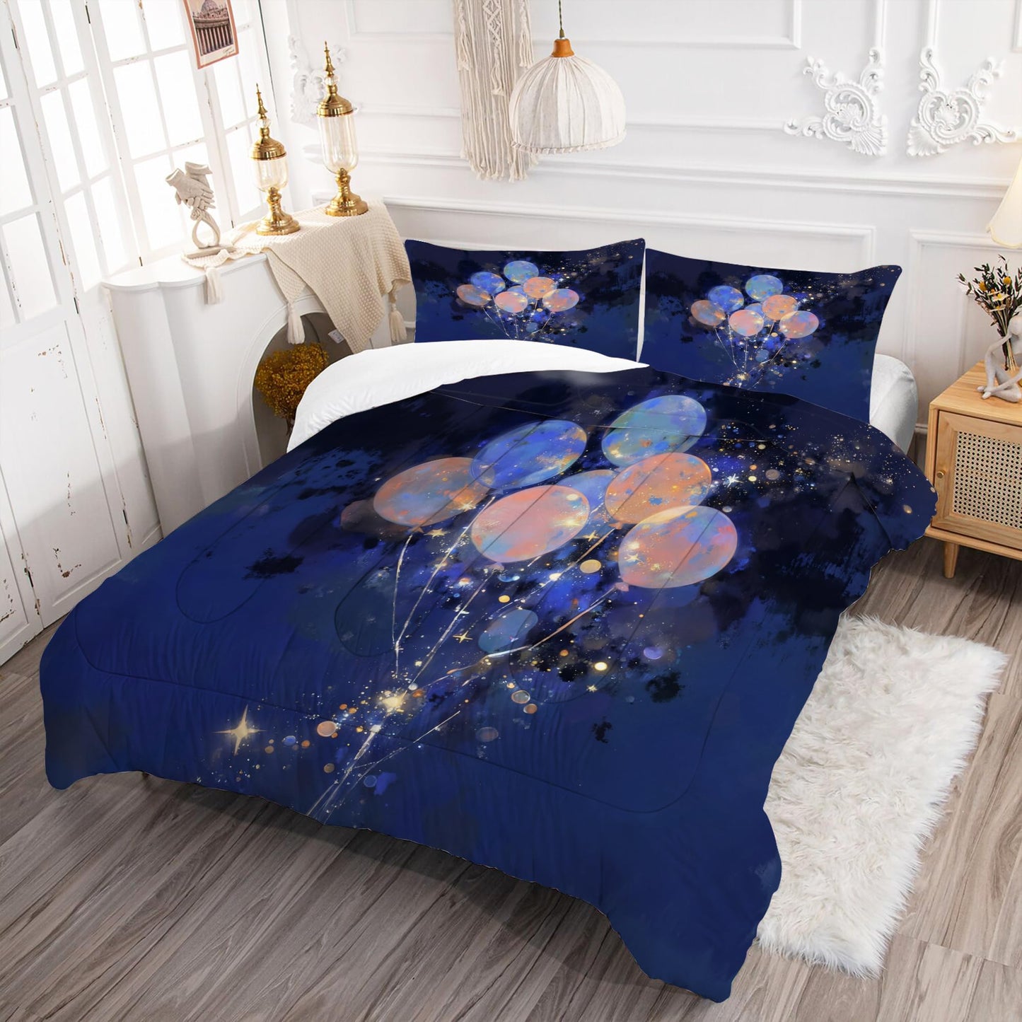 EDGZKO Navy Blue Galaxy Balloon Bedding Set Full Size Starry Sky Print Comforter Set Soft Microfiber Bed Sets for Kids Girls Boys Teens Adults Room Decor, 1 Comforter 2 Pillowcases