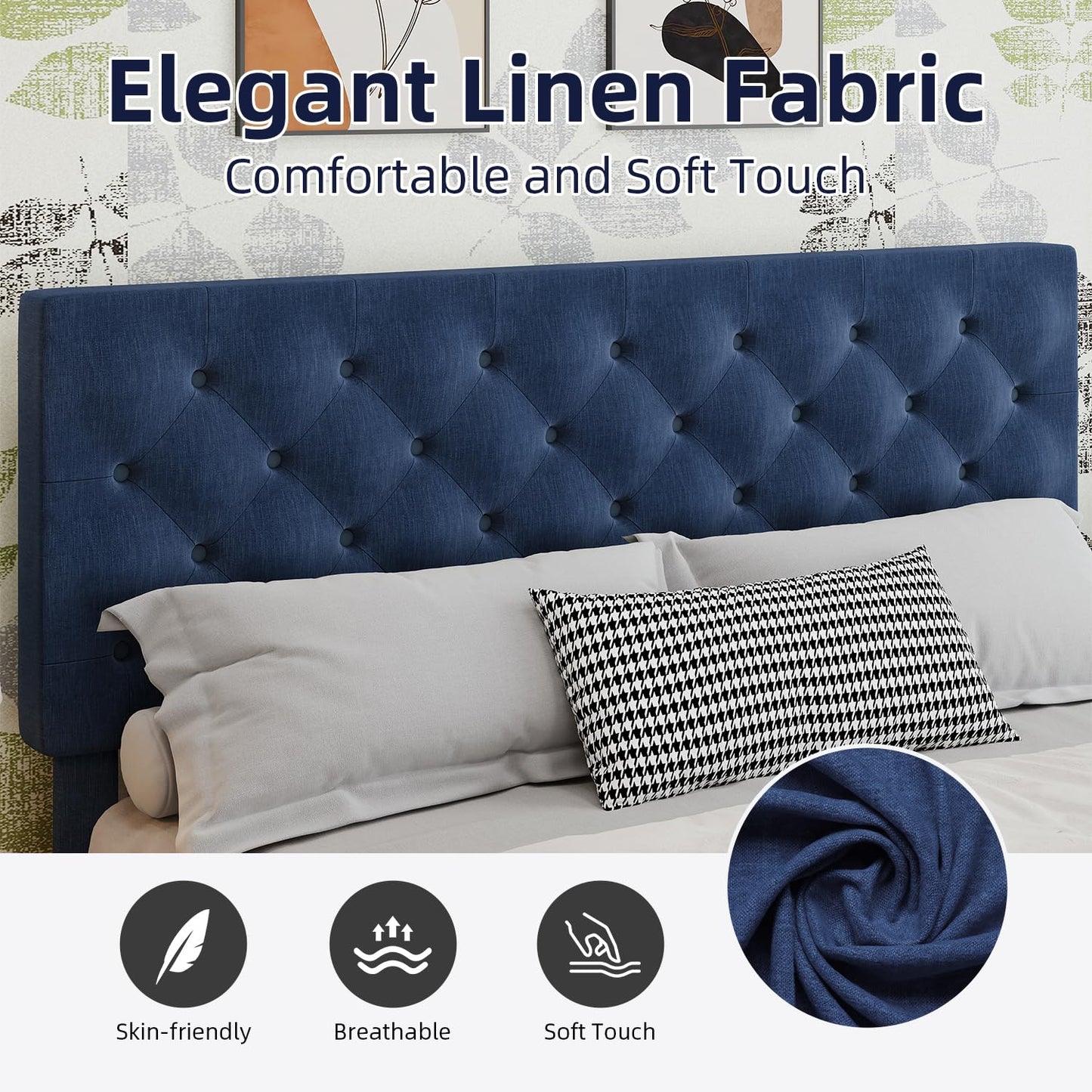 BarnFurin Queen Size Bed Frame with Headboard, Linen Upholstered Platform Bed with Button Tufted Design, No Box Spring Required, Easy Assembly, Navy Blue