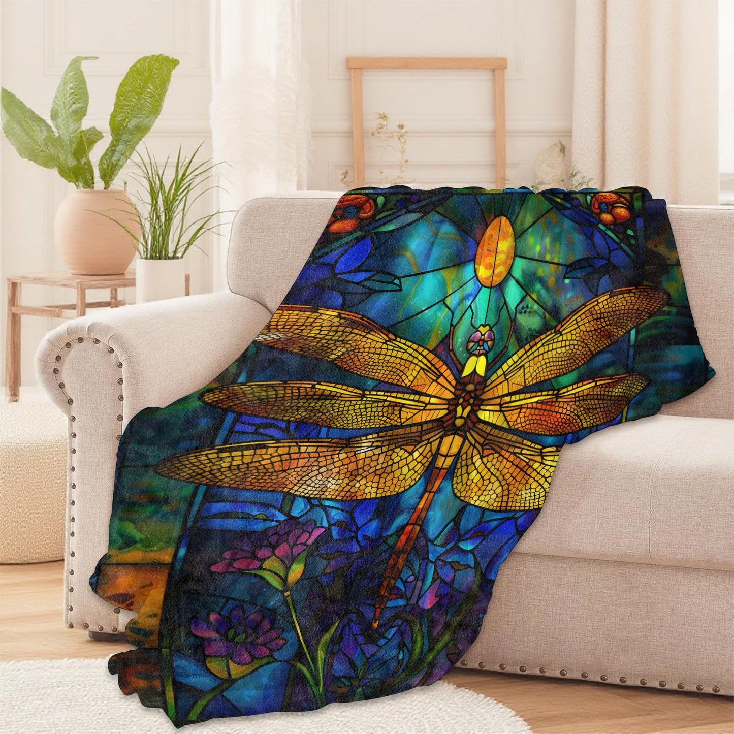 Stained Glass Dragonfly Throw Blanket for Boys Girls Kids Adults Women, Fuzzy Warm Soft Cozy Flannel Blankets Gifts for Bedroom, Couch, Travel, Home Decor 50x60 in