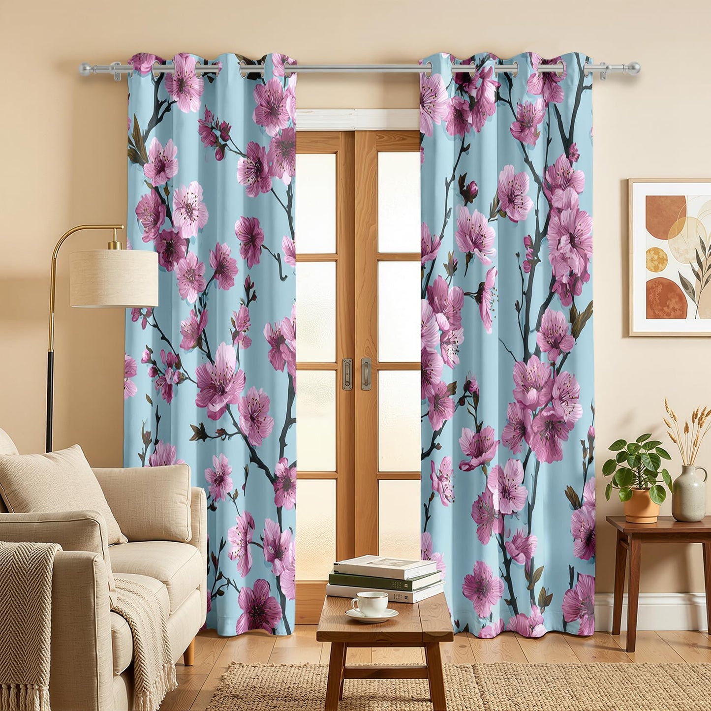 Mistwalk Cherry Blossom Curtains Blackout, 54 Inch Curtains for Bedroom & Living Room, Room Darkening Thermal Insulated Grommet Drapes, Girls Pink and Purple Floral Patterned Window Treatments