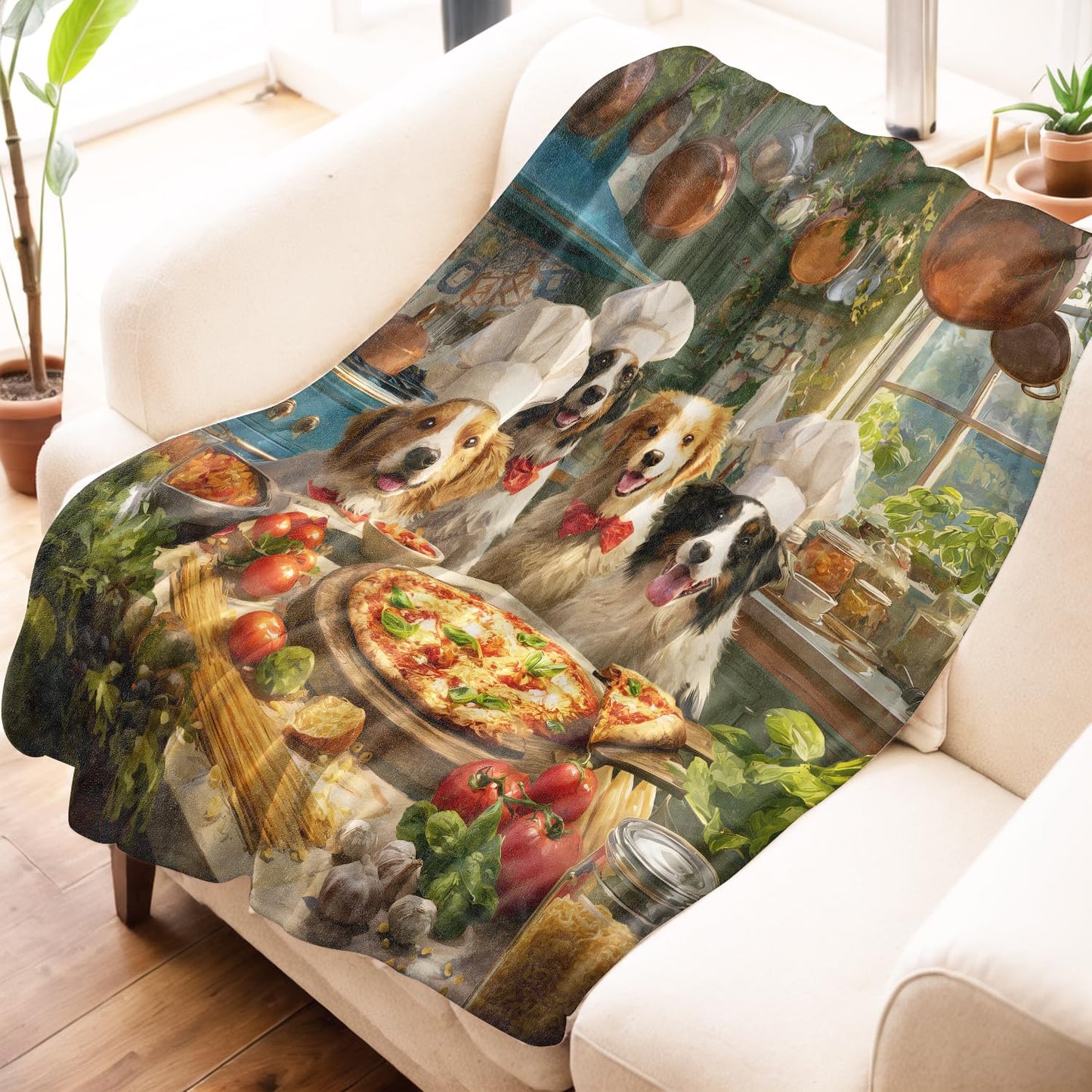 Mniedc Dog Pizza Kitchen Blanket, Funny Animal Cooking Flannel Throw Blankets, 50"x60", Soft Warm Lightweight Fuzzy Cozy Throws for Couch Bed Sofa Living Room Decorative Gifts for Pet Lover Kids