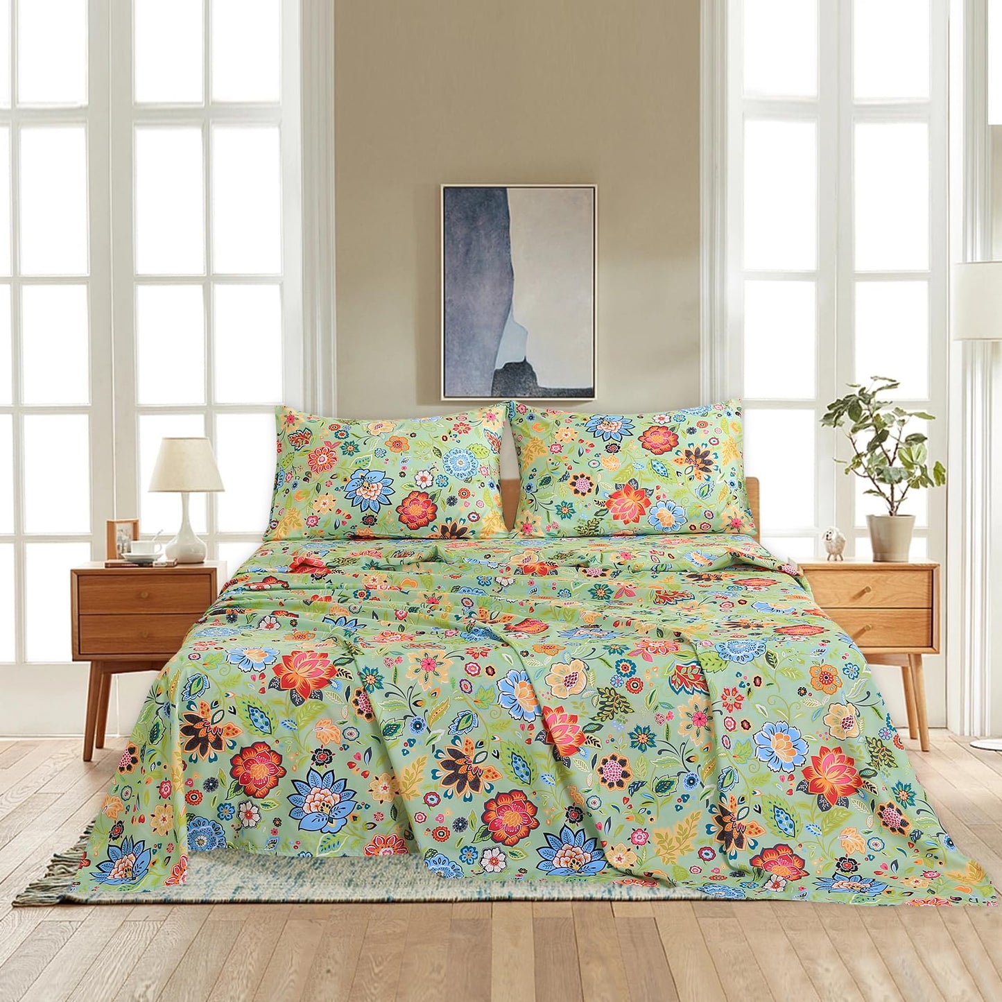 Bedlifes King Sheet Set Ultra Soft, Breathable, Silky Flower Deep Pocket 100% Microfiber Bedding, 4 Piece King Size with Floral Sage Green