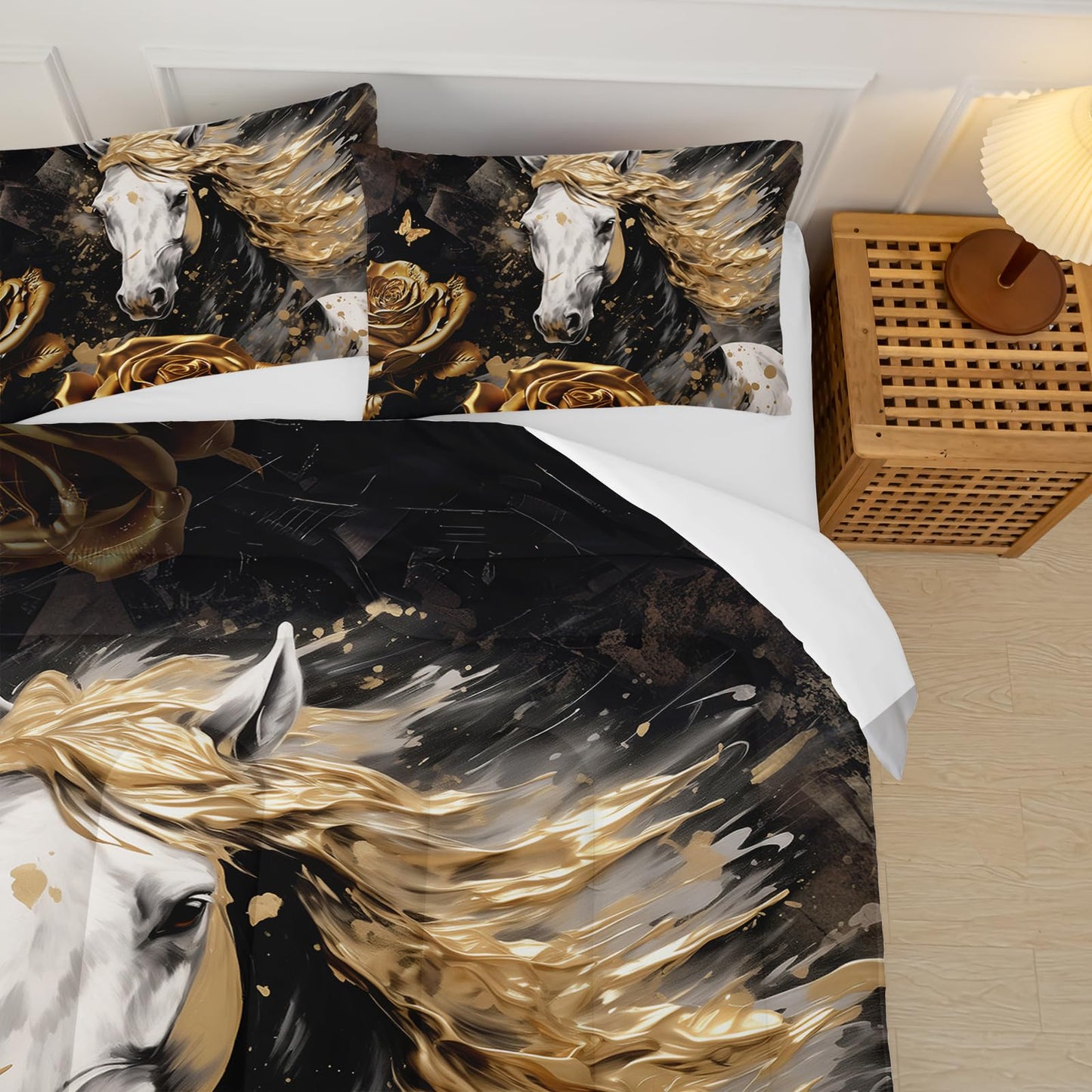 lneffble White Horse Style Comforter Set Twin Size，Gold Rose Floral Bedding Sets Twin，Butterfly Quilt Pattern，Western Bedroom Decor