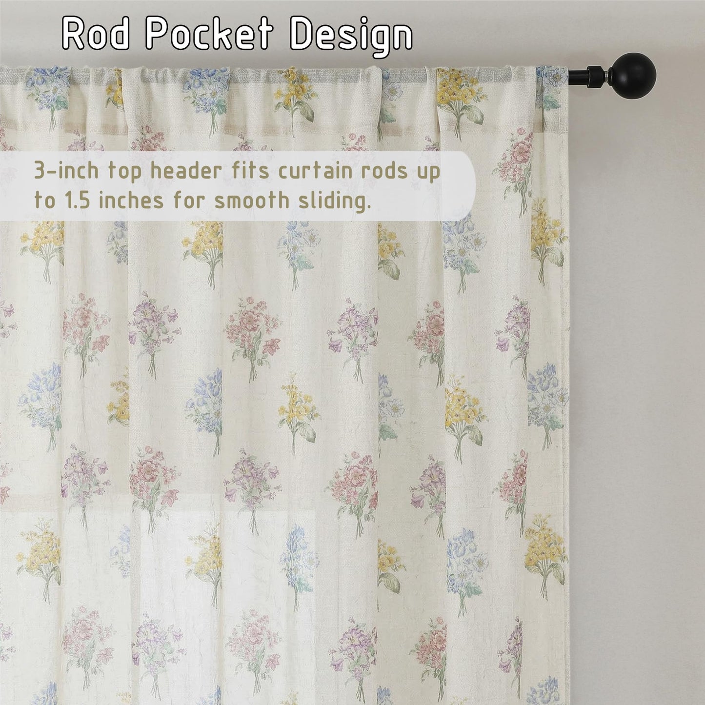 Ebesto Crushed Floral Sheer Curtains 63 Inch Length - Light Filtering Printed Sheer Flower Patterned Curtains for Bedroom, Spring Romantic Rod Pocket Window Drapes, 2 Panels, 42Wx63L Inches, Natural