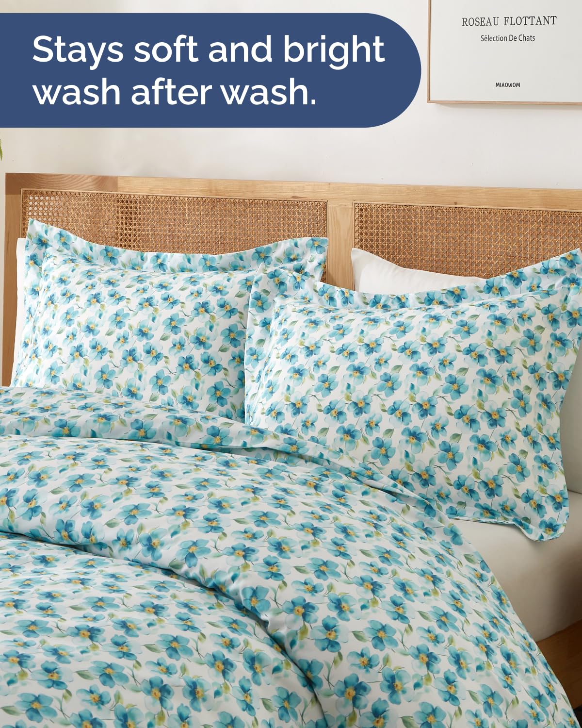 Duvet Cover Queen Size Set - Extra Soft Floral Duvet Cover 90 x 90 with 2 Pillow Shams - Comfy, Cozy, Breathable Floral Bedding Set - Hotel Luxury & Fade Free w/ Zipper Closures and Ties - Blue Peony