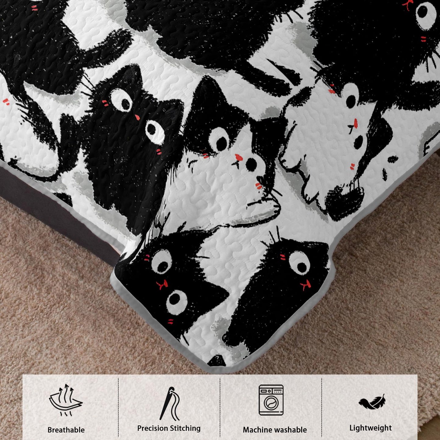 AILONEN Full Quilted Comforter Set 3 Piece, Playful Feline Animal Bedspread Coverlet with 2 Pillowcases, Soft Monochrome Pet Bedding for Teens Guest Apartment Aesthetic Sketchy Style