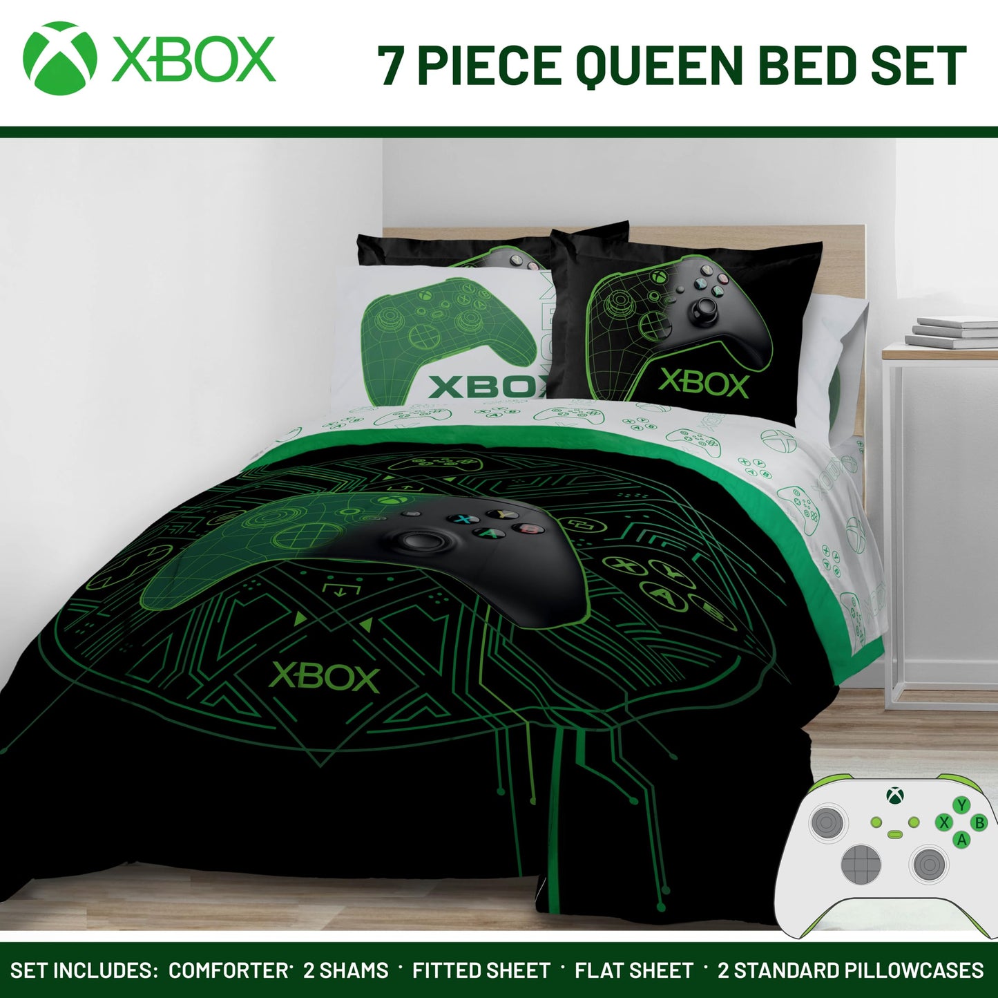 Jay Franco Kids Comforter Set Includes Sheets and Pillow Covers - Soft and Cozy Bed Set for Stylish Room Decor, Official Licensed Product, White - Xbox, 7 Piece Queen