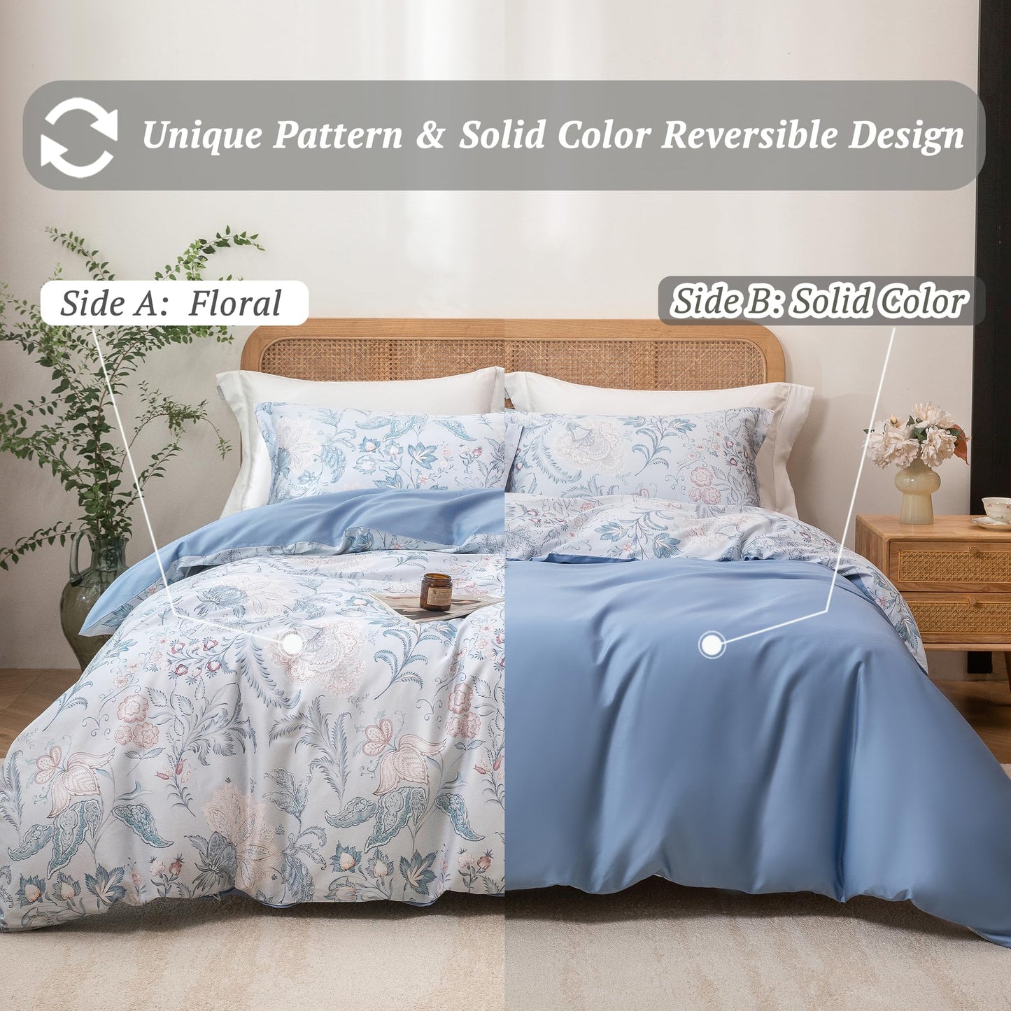 MILDLY Queen Duvet Cover Set - 100% Long-Staple Cotton Paisley Floral Patten Reversible Comforter Cover - 3Pcs Soft Breathable Luxury Bedding for All Season