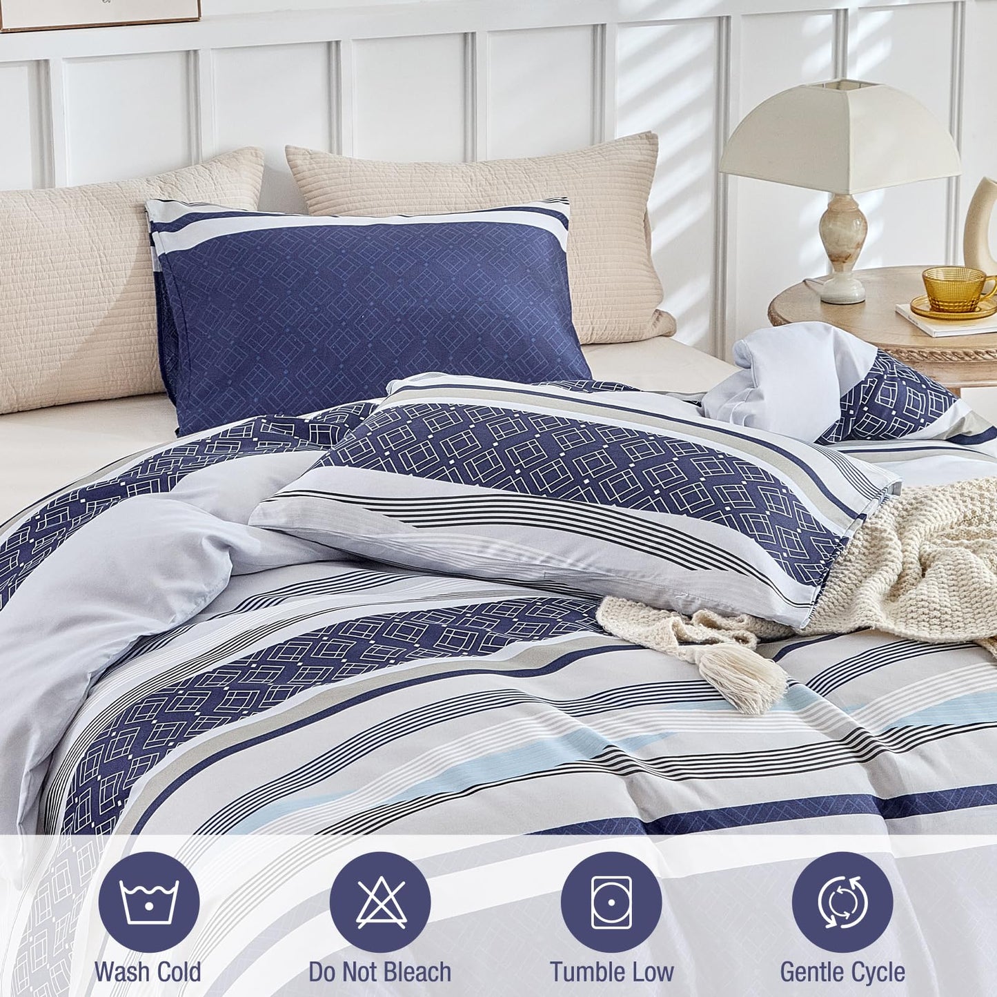 Lekesky Boho Duvet Cover Queen, 3 Pieces Blue Striped Duvet Cover Set Soft Bohemian Bedding Aztec Comforter Cover Set Queen Size with Hidden Zipper & Corner Ties (1 Duvet Cover 90x90 inches)