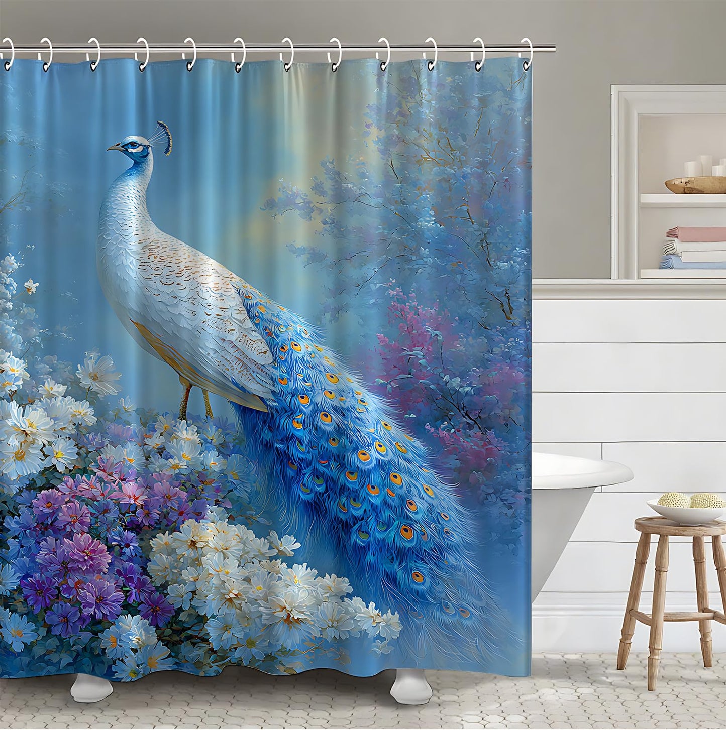 THISFIND Shower Curtain, Elegant Peacock with White Flowers and Misty Background Machine Washable Waterproof Fabric for Bathroom Decor Bathtub with 12 Hooks 72x72