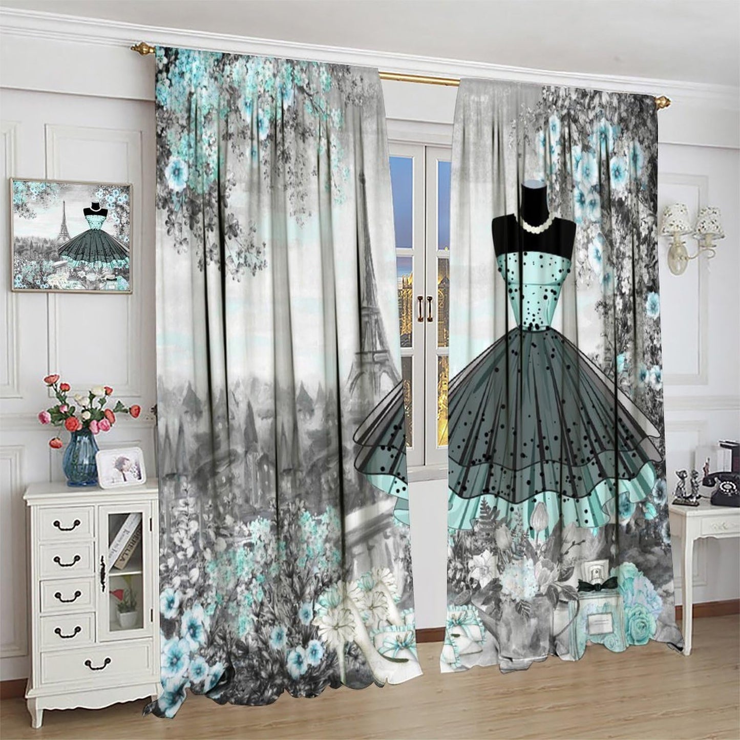 Nanacur Fashion Women Curtains, Dresses France Paris Floral Romantic Valentine's Day Perfume Eiffel Tower Window Drapes, for Bedroom Living Room 42" W X 45" L (Decorative)