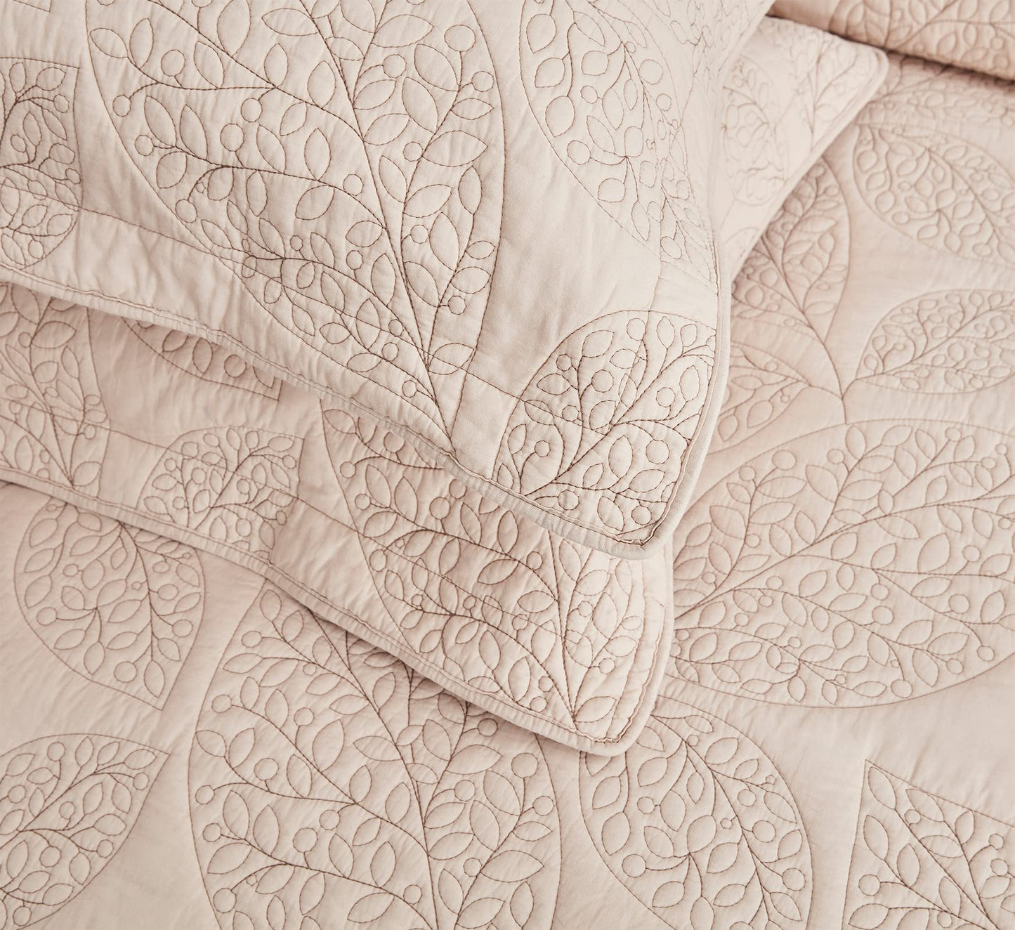 CHIXIN Botanical Cotton Quilt King Size - Real Stitching Leaf Pattern - Quilted Bedspread Coverlet Set, Ultra Soft, Lightweight, Reversible, 3 Piece, Oatmeal