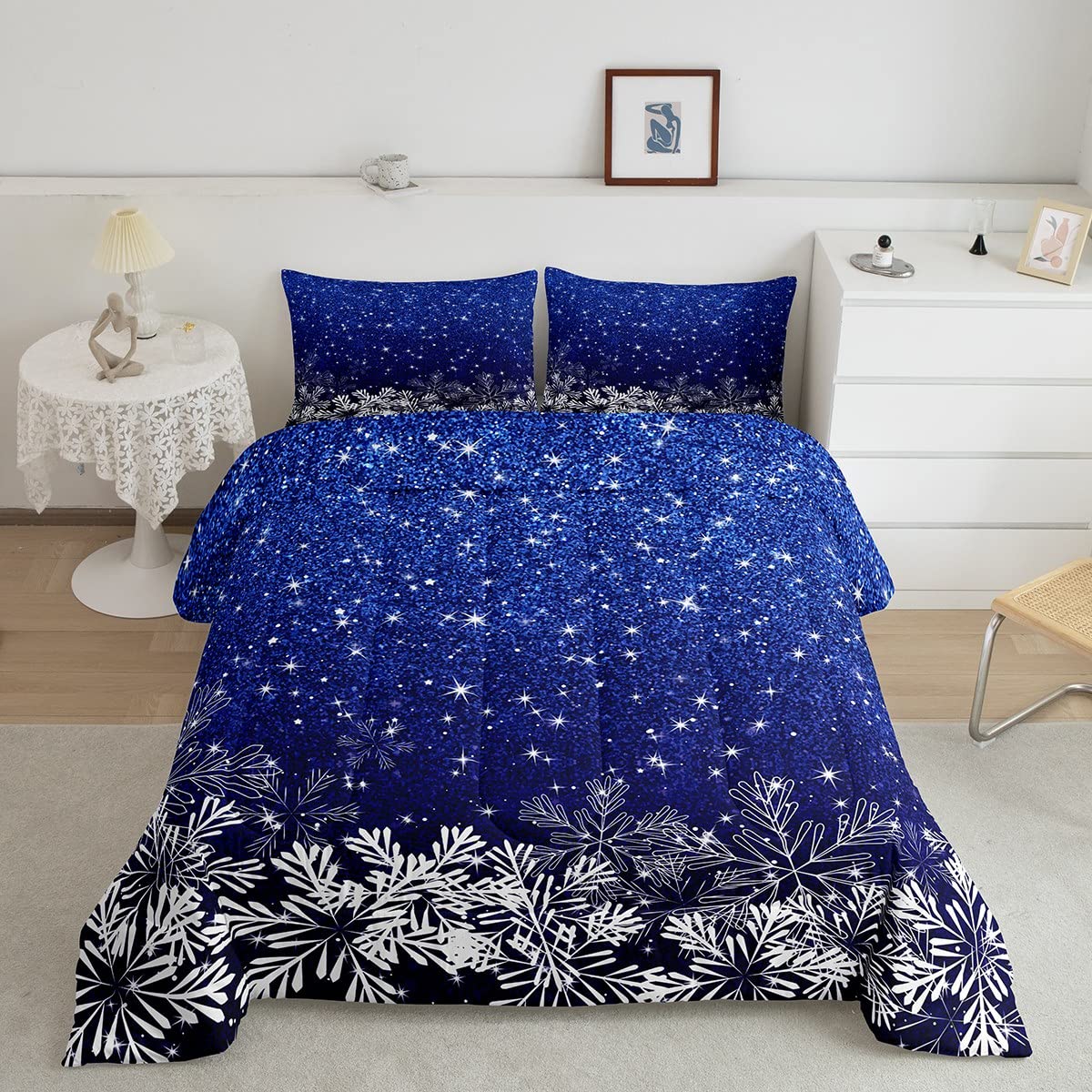 Castle Fairy Blue Glitter Comforter Set Queen Size,Sparkling Star Galaxy Quilt Set Winter Snowflake Bedding Set 3pcs for Girls Kids Women Bedroom Decor,Gradient Ultra Soft Duvet Insert,2 Pillowcases