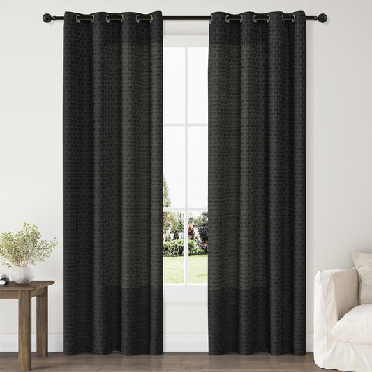ChrisDowa Semi Sheer Linen Black Curtains 84 Inches Long 2 Panels for Living Room Dining Room Plaid Patterned Light Filtering Voile Grommet Window Treatments Drapes Privacy Assured,52X84