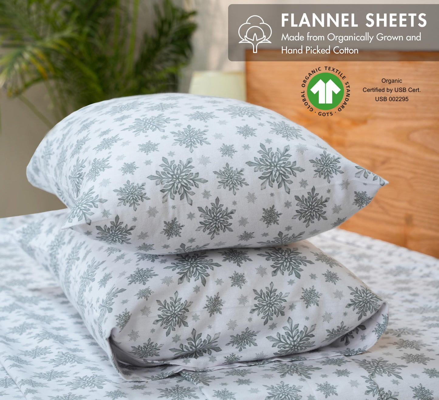 RUVANTI Flannel Sheets Queen Size - GOTS Certified 100% Organic Cotton, 4 Piece Warm, Soft & Breathable Set, Deep Pocket Snug Fit, Double Brushed Cozy All Season Bedding, Crystal Noir