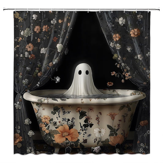 AEMBEE Funny Ghost Shower Curtain Halloween Spooky Gothic Retro Floral Scary Horror Vintage Fabric Decorative Bathroom Curtains with Hooks,Black