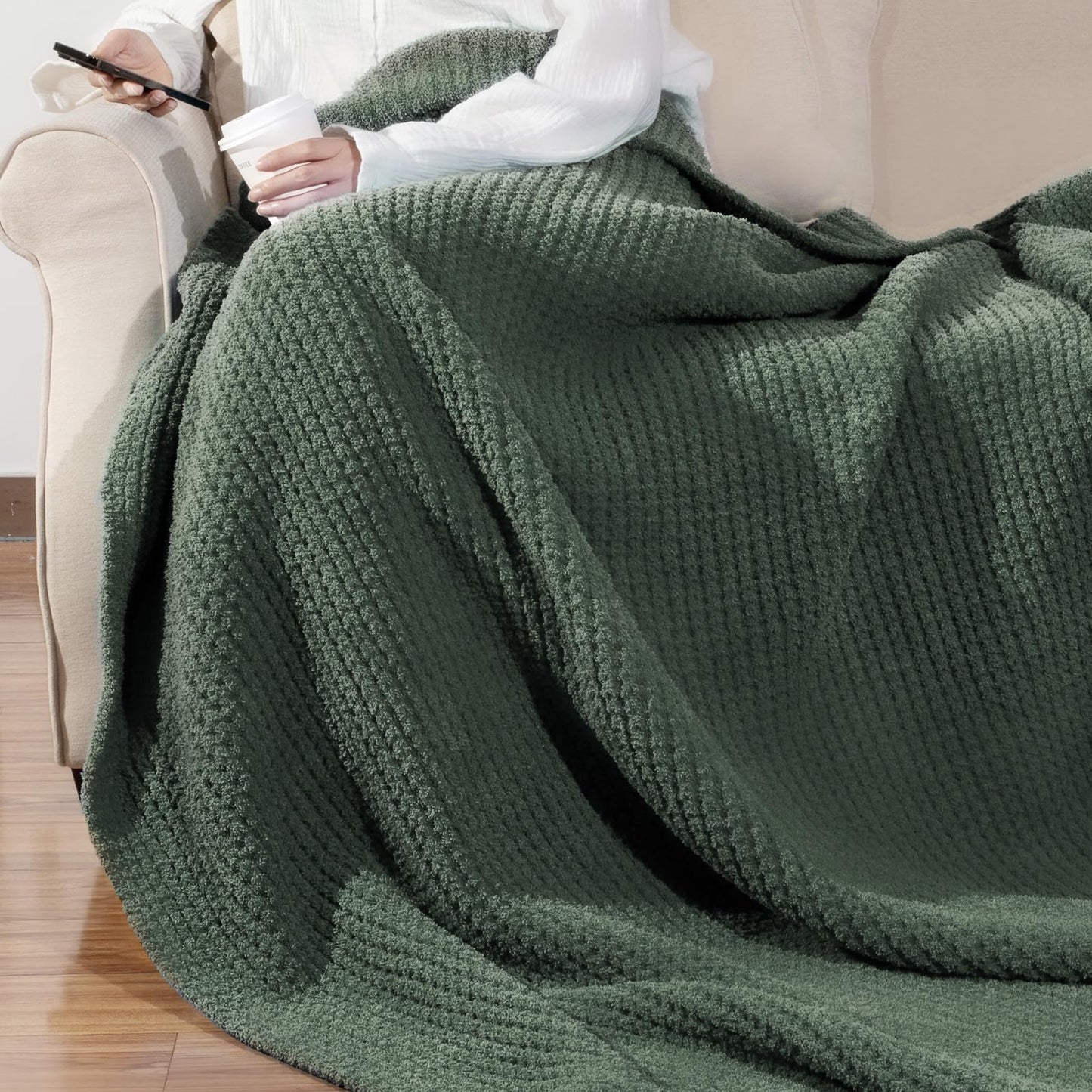 blunique Waffle Knit Throw Blanket, Luxury Cozy Chunky Knit Throw Blanket for Couch, 50 x 60 Inch Thick Ultra-Soft Feather Yarn Knitted Blanket for Sofa, Bed, Home Decor - Sage