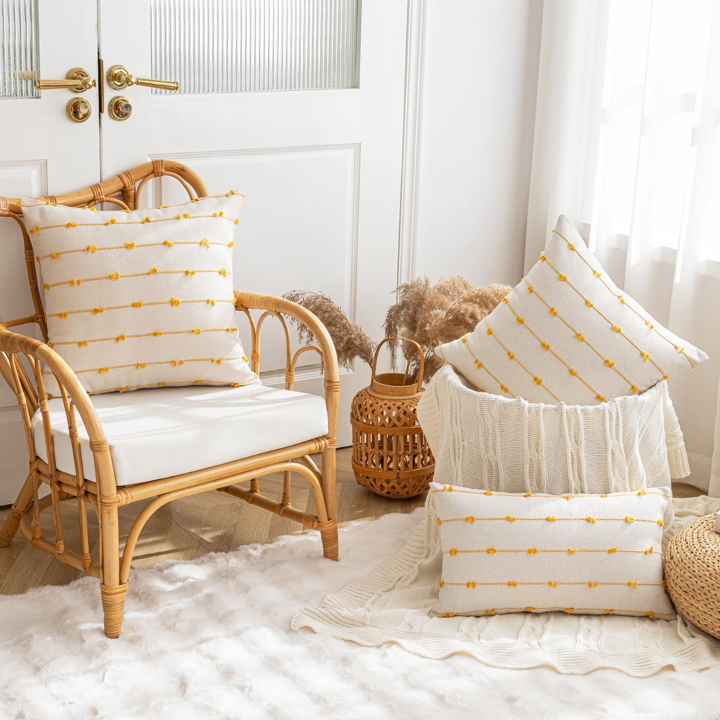 YEENAASY Boho Throw Pillow Covers 12x20 Set of 2 Modern Farmhouse Decorative Cushion Case Tufted Linen Square Pillows Cover Neutral Pillow Cases Accent Pillowcase for Sofa,Couch,Bed,Beige and Yellow