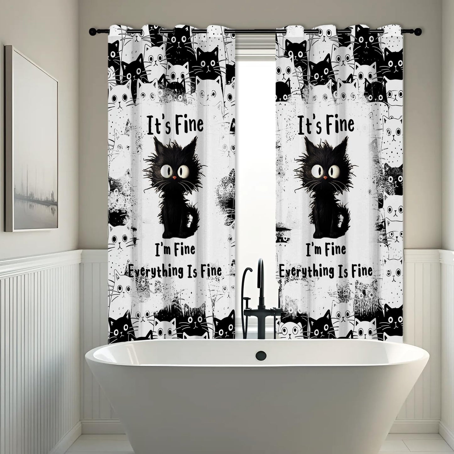 SIOQCKIS Cute Cat Curtains for Bedroom, Funny Black Cats Curtains for Windows, It's Fine Cat Kitchen Curtain Kitten, 52 x 84 Inch Long 2 Panels Gifts for Cats Lovers Window Decor Bathroom