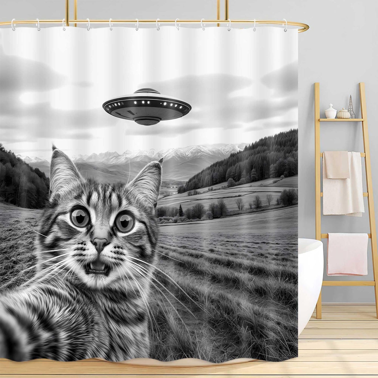 JAWO Funny Shower Curtain, Hilarious Selfie Cat Waterproof Bath Curtain, Modern Gray Country Scene Fun Cute Gray Cat UFO Bathroom Decor, 72X72 INCH with Hooks