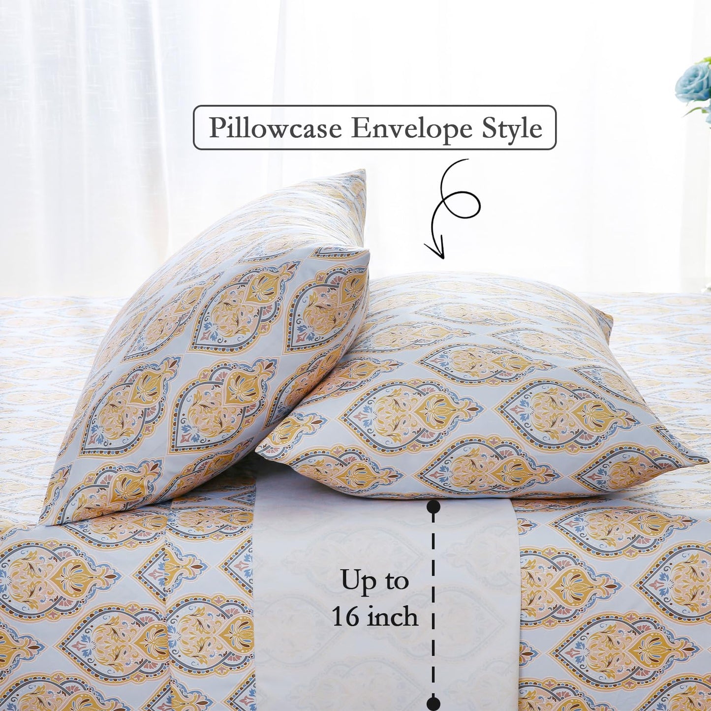 ChicView King Size Paisley Printed Sheet Set,4 Pieces Boho Style Breathable Soft Microfiber Bedsheets, Anti Pilling Deep Pockets Easy Care Bed Sheets, Yellow
