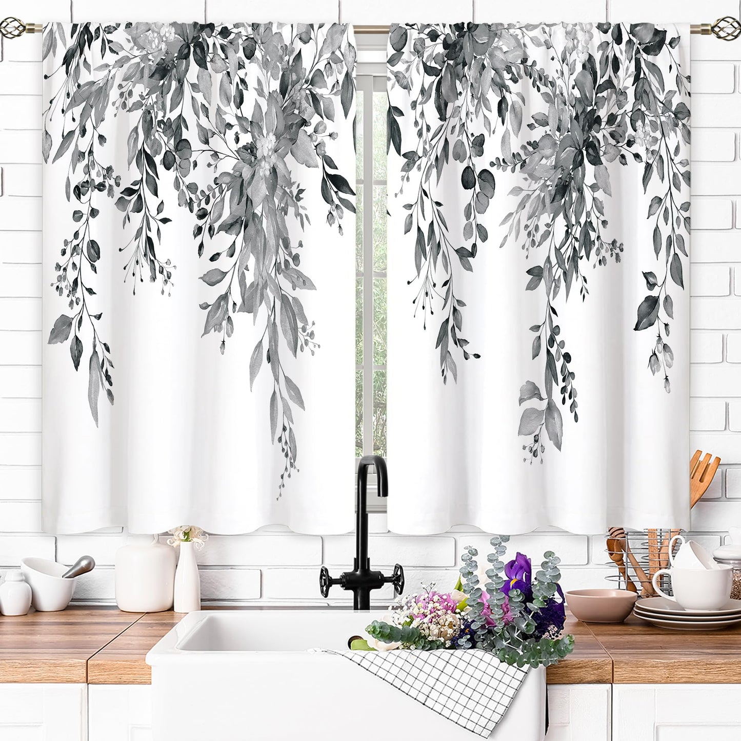 oolygoo Eucalyptus Botanical Leaves Grey Floral Kitchen Window Curtains Over Sink Farmhouse Flower Leaf Small Window Treatment Cafe Short Curtains for Bathroom Treatment Tier Drapes 27.5x39 inch