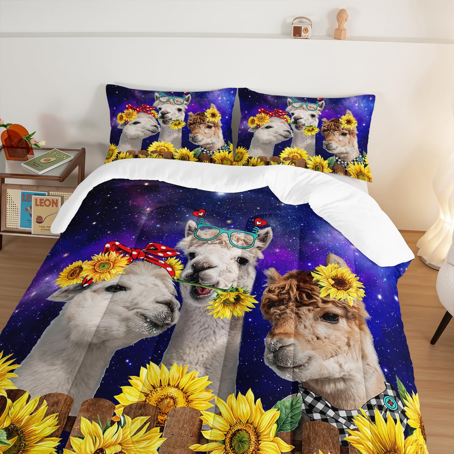 HOSIMA Funny Llama Twin Comforter Set,Alpacas Bedding Sets Animal Theme Room Decor.Soft Microfiber Star Galaxy Sunflower Full Size Bed in a Bag for Boys Girls Children Teens Dorm Room Essentials.