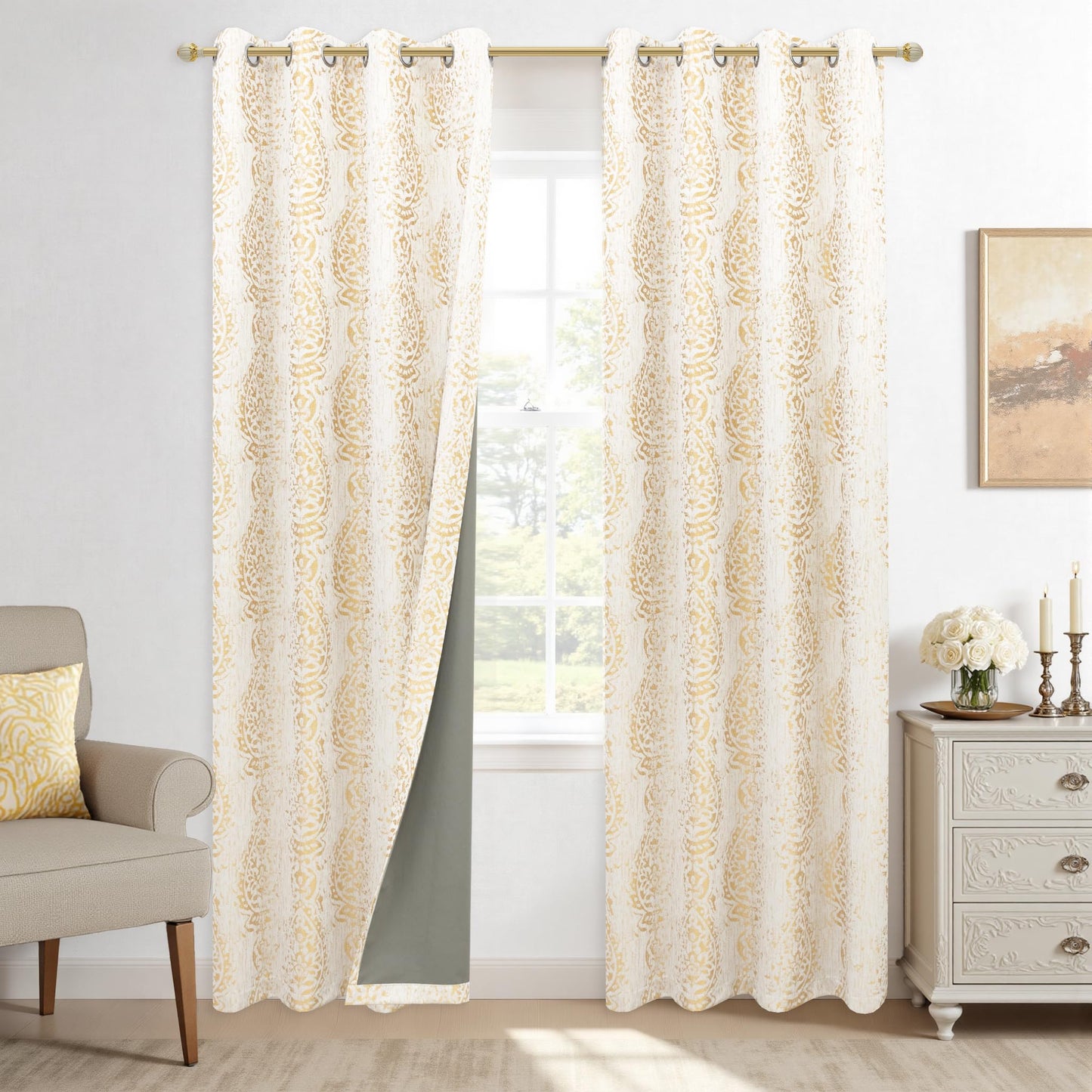 KOUFALL Gold Patterned Elegant Curtains for Living Room, Blackout Damask Pattern Luxury Modern Design Contemporary Curtains for Bedroom, Wide 52 x 84 Inches Long, 2 Panels Set