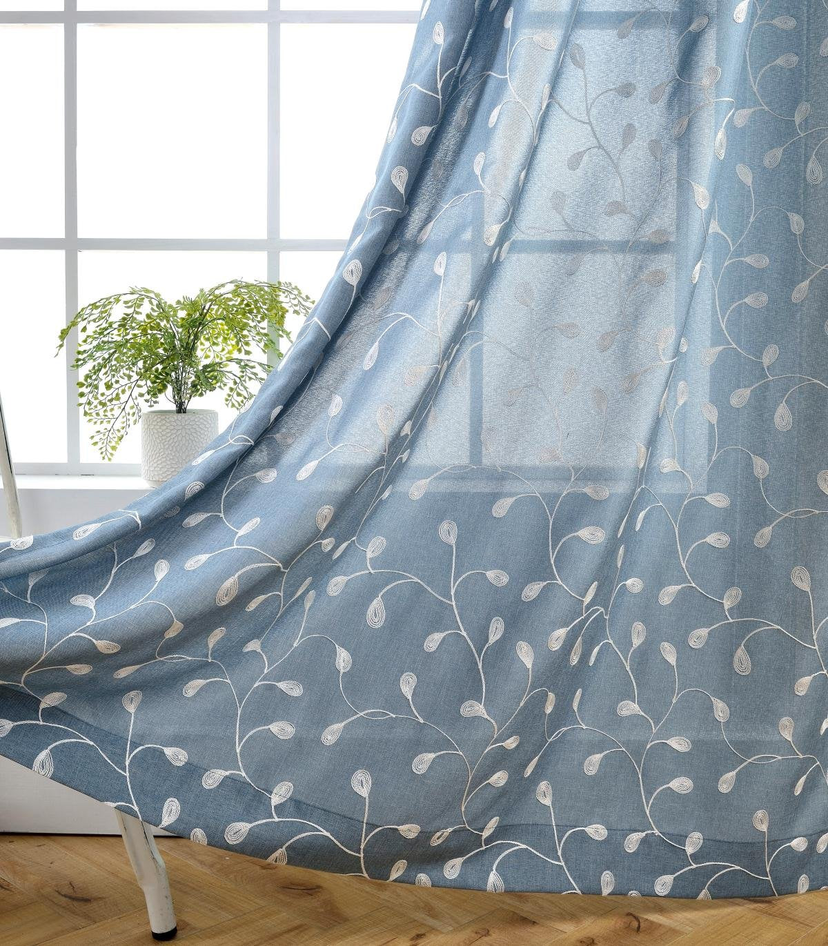 MIUCO Floral Embroidered Semi Sheer Curtains Faux Linen Grommet Window Curtain for Living Room 52 x 84 Inch 2 Panels, Dusty Blue